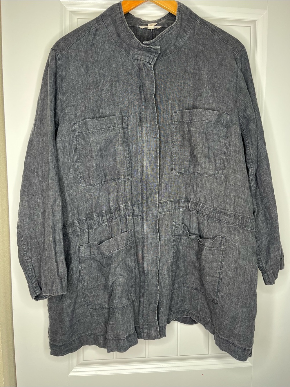 Eileen Fisher Washed Organic Linen Délavé Stand Collar Jacket Womens Large Gray - Picture 1 of 6